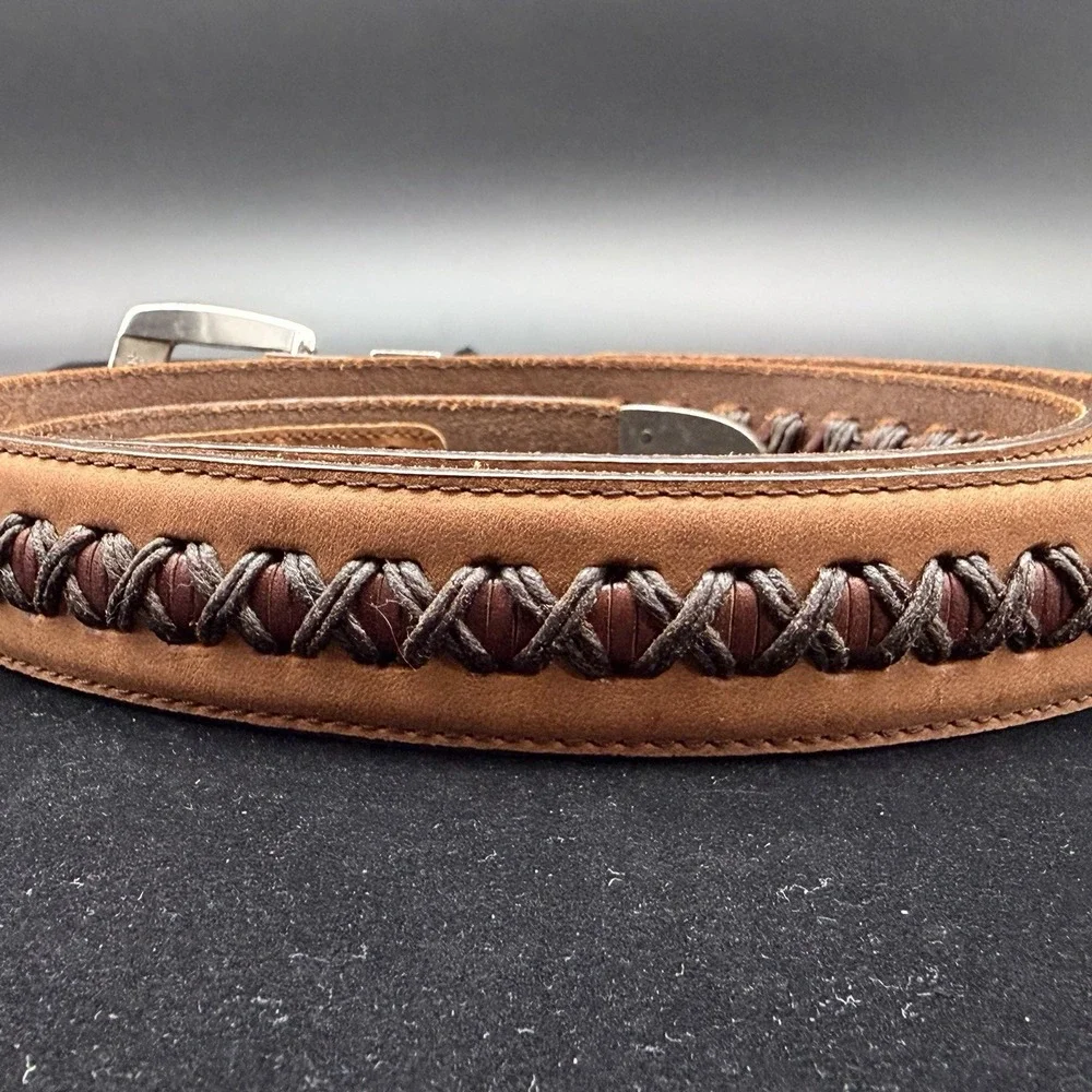 Brighton Onyx Mens Brown Leather Belt 42 Vintage Western Woven Braided Cord
